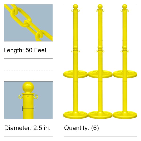 Yellow Medium Duty Stowable Stanchion Kit and Chain, 6PK